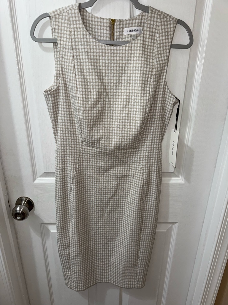 Calvin Klein Neutral Beige Check Plaid Jacquard Sleeveless Sheath Dress Size 10